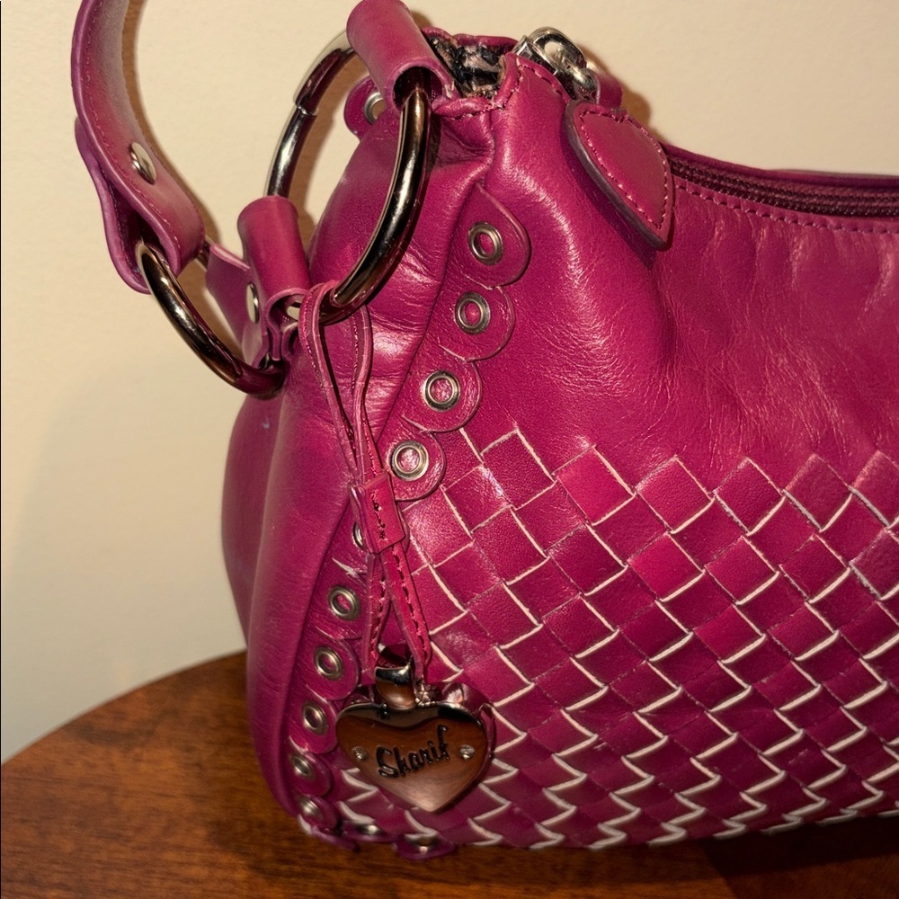 Sharif shoulder bag Satchel Woven Leather dark magenta scallop/ studs edges - Picture 4 of 17